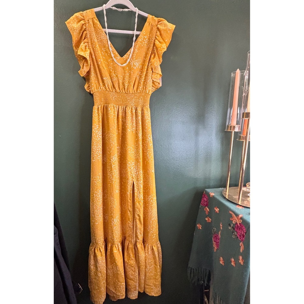 Express Maxi‎ Dress XS Yellow NWT Flutter Sleeve Smocked Waist Slit